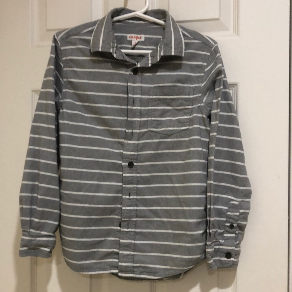 Cat and Jack boys medium gray and white striped button shirt